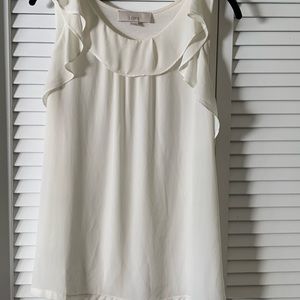 Loft Mixed Fabric Sleeveless Cream Ruffle Blouse